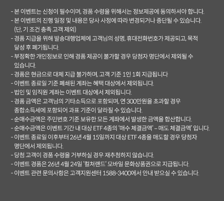 
          이벤트 유의사항
          · 본 이벤트는 신청이 필수이며, 경품 수령을 위해서는 정보제공에 동의하셔야 합니다. 
          · 본 이벤트의 진행 일정 및 내용은 당사 사정에 따라 변경되거나 중단될 수 있습니다. (단, 기조건 충족 고객 제외)
          · 경품 지급을 위해 발송대행업체에 고객님의 성명, 휴대전화번호가 제공되고, 목적 달성 후 폐기됩니다. 
          · 부정확한 개인정보로 인해 경품 제공이 불가할 경우 당첨자 명단에서 제외될 수 있습니다. 
          · 경품은 현금으로 대체 지급 불가하며, 고객 기준 1인 1회 지급됩니다. 
          · 이벤트 종료일 기준 폐쇄된 계좌는 혜택 대상에서 제외됩니다. 
          · 법인 및 임직원 계좌는 이벤트 대상에서 제외됩니다. 
          · 경품 금액은 고객님의 기타소득으로 포함되며, 연 300만원을 초과할 경우 종합소득세에 포함되어 과표 기준이 달라질 수 있습니다. 
          · 순매수금액은 주민번호 기준 보유한 모든 계좌에서 발생한 금액을 합산합니다. 
          · 순매수금액은 이벤트 기간 내 대상 ETF4종의 '매수 체결금액 - 매도 체결금액' 입니다. 
          · 이벤트 종료일 이후부터 26년 4월 15일까지 대상 ETF4종을 매도할 경우 당첨자 명단에서 제외됩니다. 
          · 당첨 고객이 경품 수령을 거부하실 경우 재추첨 하지 않습니다. 
          · 이벤트 경품은 26년 4월 24일 '컬처랜드' 모바일 문화상품권으로 지급됩니다. 
          · 이벤트 관련 문의사항은 고객지원센터 1588-3400에서 안내 받으실 수 있습니다. 
            