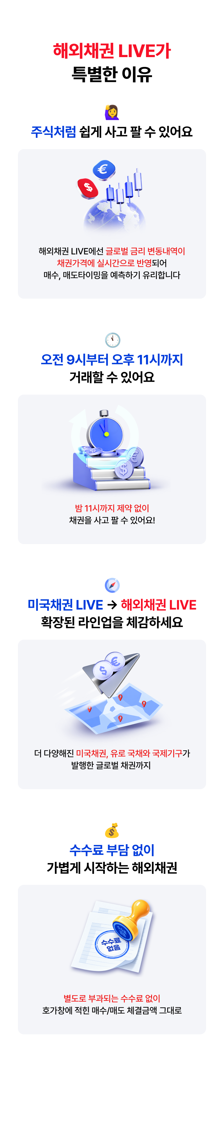 
          해외채권 LIVE가 특별한 이유

          주식처럼 쉽게 사고 팔 수 있어요
          해외채권 LIVE에선 글로벌 금리 변동내역이
          채권가격에 실시간으로 반영되어
          매수, 매도타이밍을 예측하기 유리합니다

          오전 9시부터 오후 11시까지 거래할 수 있어요
          밤 11시까지 제약 없이
          채권을 사고 팔 수 있어요!

          미국채권 LIVE → 해외채권 LIVE
          확장된 라인업을 체감하세요
          더 다양해진 미국채권, 유로 국채와 국제기구가
          발행한 글로벌 채권까지

          수수료 부담 없이 가볍게 시작하는 해외채권
          별도로 부과되는 수수료 없이
          호가창에 적힌 매수/매도 체결금액 그대로
          