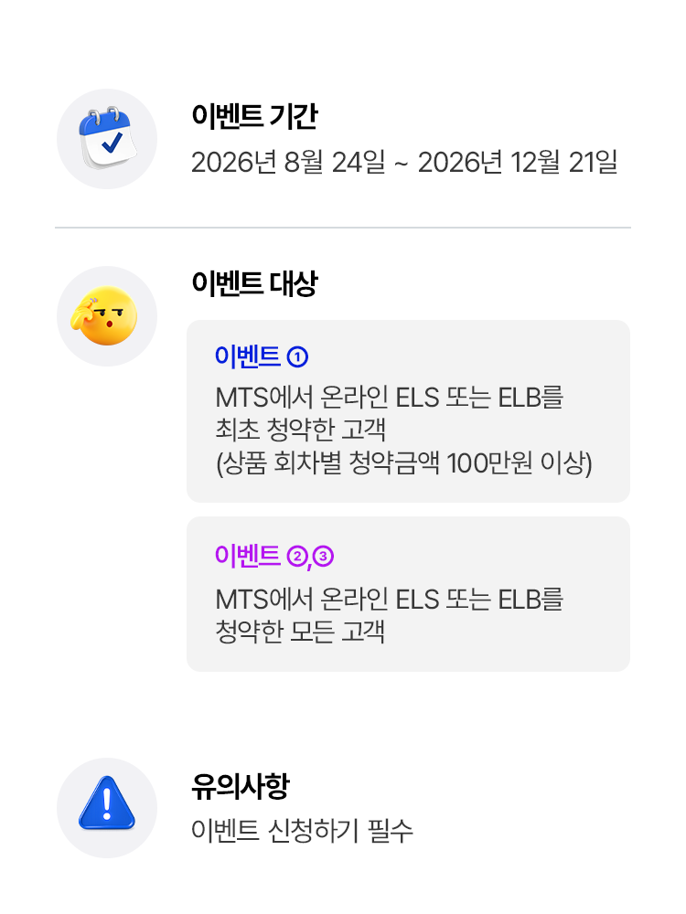 
            이벤트 기간 
            2026년 8월 24일 ~ 2026년 12월 21일 
            이벤트 대상 
            1. MTS에서 온라인 ELS 또는 ELB를 최초 청약한 고객 
            (상품 회차별 청약금액 100만원 이상)
            2. 이벤트 2,3
            MTS에서 온라인 ELS또는 ELB를 청약한 모든 고객 
            유의사항 
            이벤트 청약하기 필수 
          