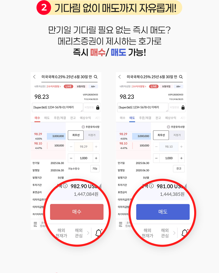 2 기다림 없이 매도까지 자유롭게! 만기일 기다릴 필요 없는 즉시 매도? 메리츠증권이 제시하는 호가로 즉시 매수/ 매도 가능!