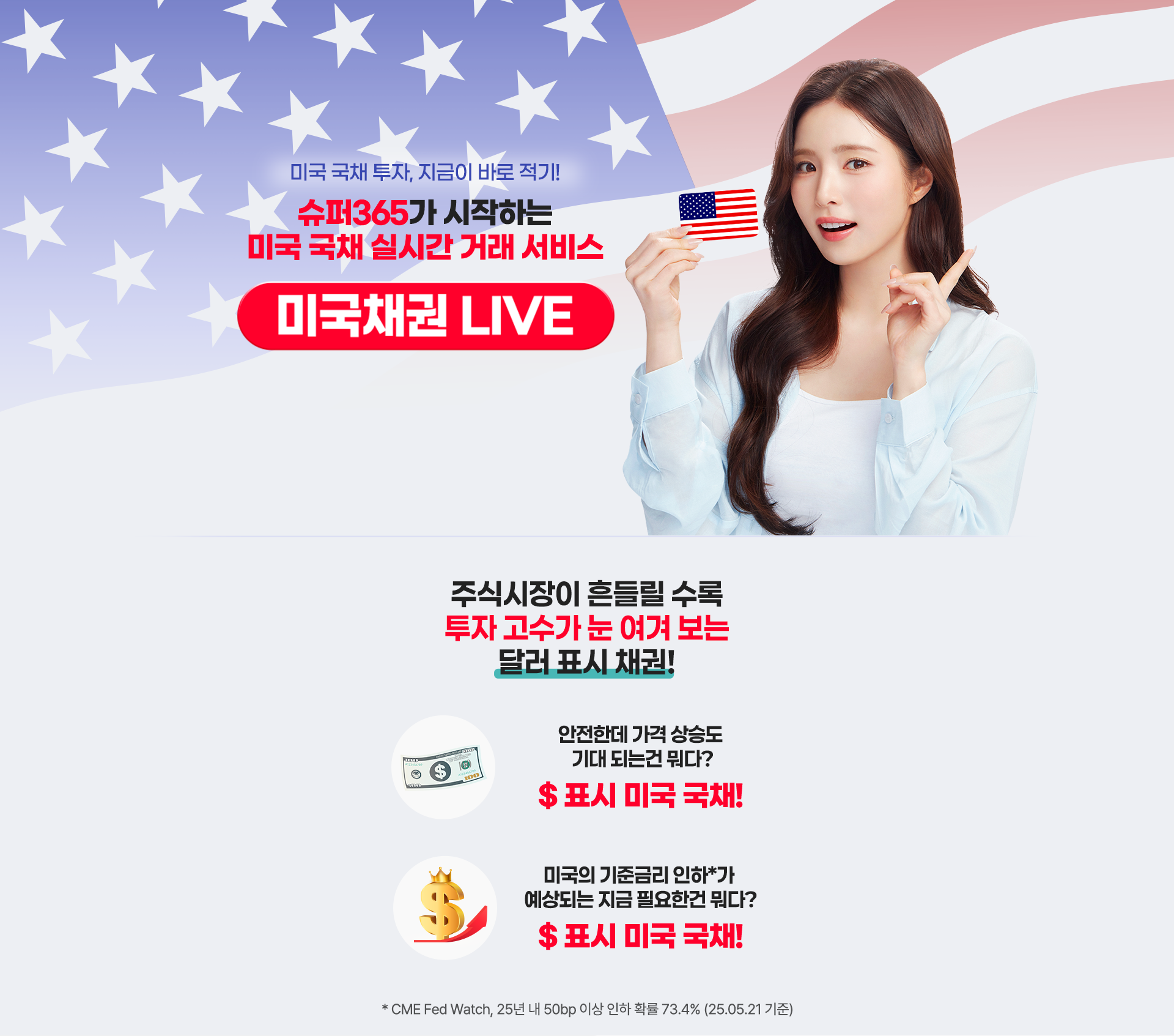 미국 국채 투자, 지금이 바로 적기! 슈퍼365가 시작하는 미국 국채 실시간 거래 서비스 미국채권 LIVE 주식시장이 흔들릴 수록 투자 고수가 눈 여겨 보는 달러 표시 채권! 안전한데 가격 상승도  기대 되는건 뭐다? $ 표시 미국 국채! 미국의 기준금리 인하*가  예상되는 지금 필요한건 뭐다? $ 표시 미국 국채! * CME Fed Watch, 25년 내 75bp 인하 확률 60.9% (25.03.06 기준)