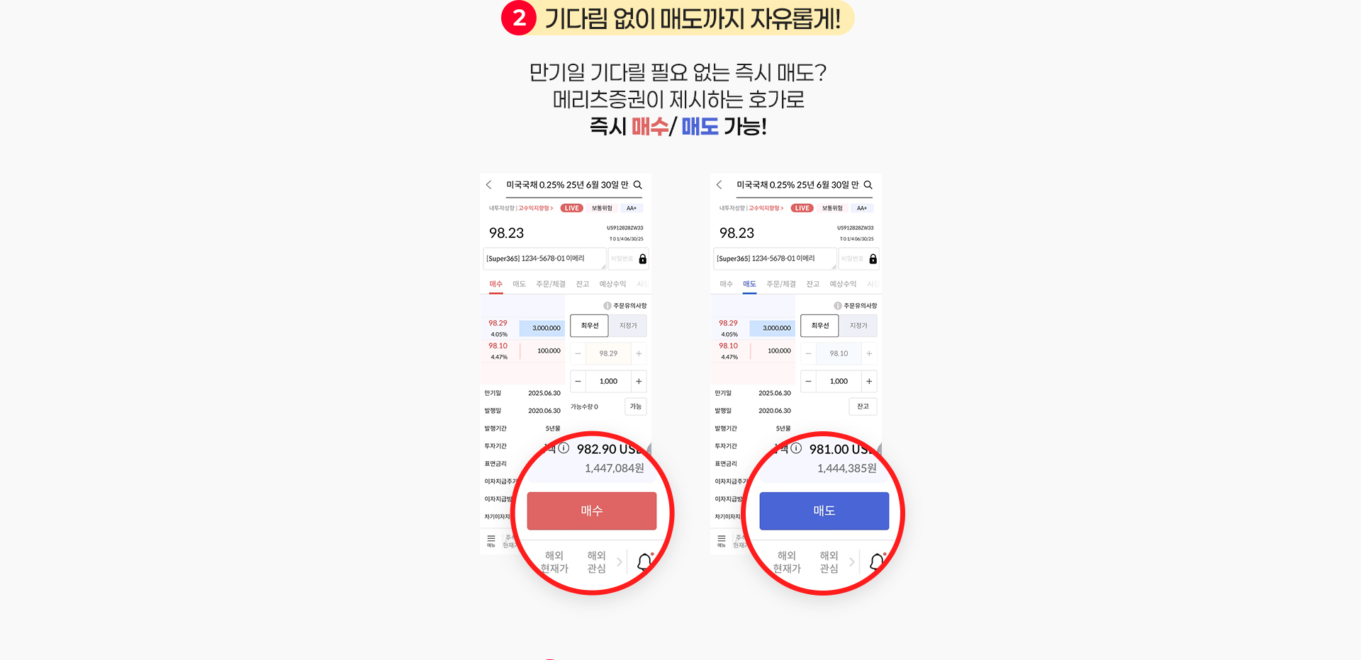 2. 기다림 없이 매도까지 자유롭게! 만기일 기다릴 필요 없는 즉시 매도? 메리츠증권이 제시하는 호가로 즉시 매수/ 매도 가능!