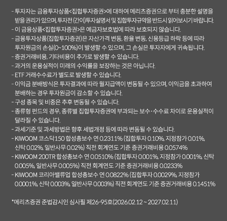 
          투자 유의사항
          · 투자자는 금융투자상품<집합투자증권>에 대하여 메리츠증권으로 부터 충분한 설명을 받을 권리가 있으며, 투자전 (간이)투자설명서 및 집합투자규약을 
          반드시 읽어보시기 바랍니다. 
          · 이 금융상품<집합투자증권>은 예금자보호법에 따라 보호되지 않습니다. 
          · 금융투자상품(집합투자증권)은 자산가격 변동, 환율 변동, 신용등급 하락 등에 따라 투자원금의 손실(0~100%)이 발생할 수 있으며, 
          그 손실은 투자자에게 귀속됩니다. 
          · 증권거래비용, 기타비용이 추가로 발생할 수 있습니다. 
          · 과거의 운용실적이 미래의 수익률을 보장하는 것은 아닙니다. 
          · ETF 거래수수료가 별도로 발생할 수 있습니다. 
          · 이익금 분배방식은 투자결과에 따라 월지급액이 변동될 수 있으며, 이익금을 초과하여 분배하는 경우 투자원금이 감소할 수 있습니다. 
          · 구성 종목 및 비중은 추후 변동될 수 있습니다. 
          · 종류형 펀드의 경우, 종류별 집합투자증권에 부과되는 보수, 수수료 차이로 운용실적이 달라질 수 있습니다. 
          · 과세기준 및 과세방법은 향후 세법개정 등에 따라 변동될 수 있습니다. 
          · KIWOOM 코스닥 150 합성총보수 연 0.2311%(집합투자: 0.10%, 지정참가 0.01%, 신탁:0.02%, 일반사무:0.02%) 직전 회계연도 기준 
          증권거래비용 0.0574%
          · KIWOOM 200TR 합성총보수 연 0.0510%(집합투자: 0.001%, 지정참가: 0.001%, 신탁: 0.005%, 일반사무: 0.005%) 직전 회계연도 기준
          증권거래비용 0.0233%
          · KIWOOM 코리아벨류업 합성총보수 연 0.0822%(집합투자:0.0029%, 지정참가: 0.0001%, 신탁:0.0003%, 일반사무: 0.003%) 직전 회계연도 기준
          증권거래비용 0.1451%
          * 메리츠증권 준법감시인 심사필 제 26-95호(2026.02.12~ 2027.02.11)
              
