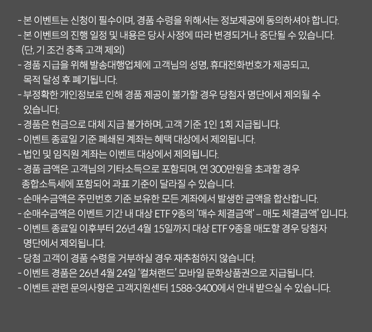 
              이벤트 유의사항
              · 본 이벤트는 신청이 필수이며, 경품 수령을 위해서는 정보제공에 동의하셔야 합니다.
              · 본 이벤트의 진행 일정 및 내용은 당사 사정에 따라 변경되거나 중단될 수 있습니다.(단, 기조건 충족 고객 제외)
              · 경품 지급을 위해 발송대행업체에 고객님의 성명,휴대전화번호가 제공되고, 목적 달성 후 폐기됩니다.
              · 부정확한 개인정보로 인해 경품 제공이 불가할 경우 당첨자 명단에서 제외될 수 있습니다.
              · 경품은 현금으로 대체 지급 불가하며, 고객 기준 1인 1회 지급입니다.
              · 이벤트 종료일 기준 폐쇄된 계좌는 해택 대상에서 제외됩니다.
              · 법인 및 임직원 계좌는 이벤트 대상에서 제외됩니다.
              · 경품 금액은 고객님의 기타소득으로 포함되며, 연 300만원을 초과할 경우 종합소득세에 포함되어 과표 기준이 달라질 수 있습니다.
              · 순매수금액은 주민번호 기준 보유한 모든 계좌에서 발생한 금액을 합산합니다.
              · 순매수 금액은 이벤트 기간 내 대상 ETF 9종의 '매수 체결금액' - '매도 체결금액'입니다.
              · 이벤트 종료일 이후부터 26년 4월 15일까지 대상 ETF 9종을 매도할 경우 당첨자 명단에서 제외됩니다.
              · 당첨 고객이 경품 수령을 거부하실 경우 재추첨하지 않습니다.
              · 이벤트 경품은 26년 4월 24일 '컬처랜드' 모바일 상품권으로 지급됩니다.
              · 이벤트 관련 문의사항은 고객지원센터 1588-3400에서 안내 받으실 수 있습니다.
            