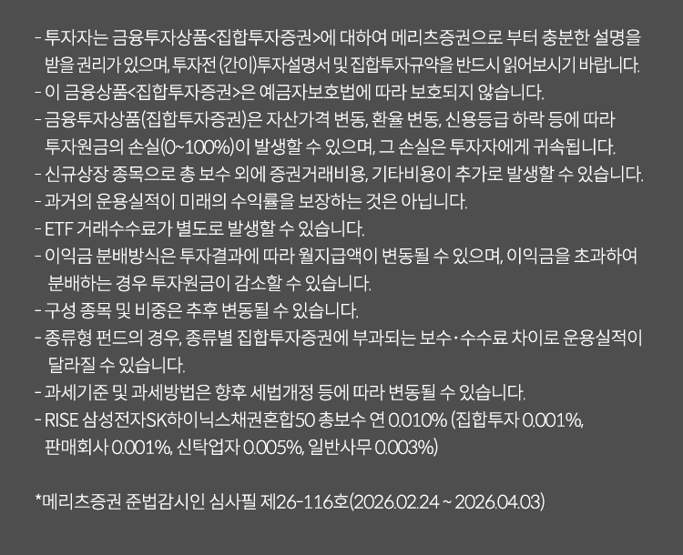 
          투자 유의사항
              · 투자자는 금융투자상품<집합투자증권>에 대하여 메리츠증권으로 부터 충분한 설명을 받을 권리가 있으며, 
              투자전(간이)투자설명서 및 집합투자규약을 반드시 읽어보시기 바랍니다. 
              · 이 금융상품<집합투자증권>은 예금자보호법에 따라 보호되지 않습니다. 
              · 금융투자상품(집합투자증권)은 자산가격변동, 환율변동, 신용등급 하락 등에 따라 투자원금의 손실(0~100%)이 발생할 수 있으며, 
              그 손실은 투자자에게 귀속됩니다. 
              · 신규상장 종목으로 총 보수 외에 증권거래비용, 기타비용이 추가로 발생할 수 있습니다. 
              · 과거의 운용실적이 미래의 수익률을 보장하는 것은 아닙니다. 
              · ETF 거래수수료가 별도로 발생할 수 있습니다. 
              · 이익금 분배방식은 투자결과에 따라 월지급액이 변동될 수 있으며, 이익금을 초과하여 분배하는 경우 투자원금이 감소할 수 있습니다. 
              · 구성 종목 및 비중은 추후 변동될 수 있습니다. 
              · 종류형 펀드의 경우, 종류별 집합투자증권에 부과되는 보수,수수료 차이로 운용실적이 달라질 수 있습니다. 
              · 과세기준 및 과세방법은 향후 세법개정 등에 따라 변동될 수 있습니다. 
              · RISE 삼성전자SK하이닉스채권혼합50 총 보수 연 0.010% (집합투자 0.001%, 판매회사: 0.001%, 신탁업자: 0.005%, 일반사무 0.003%)
              * 메리츠증권 준법감시인 심사필 제26-116호 (2026.02.24 ~ 2026.04.03)
              
