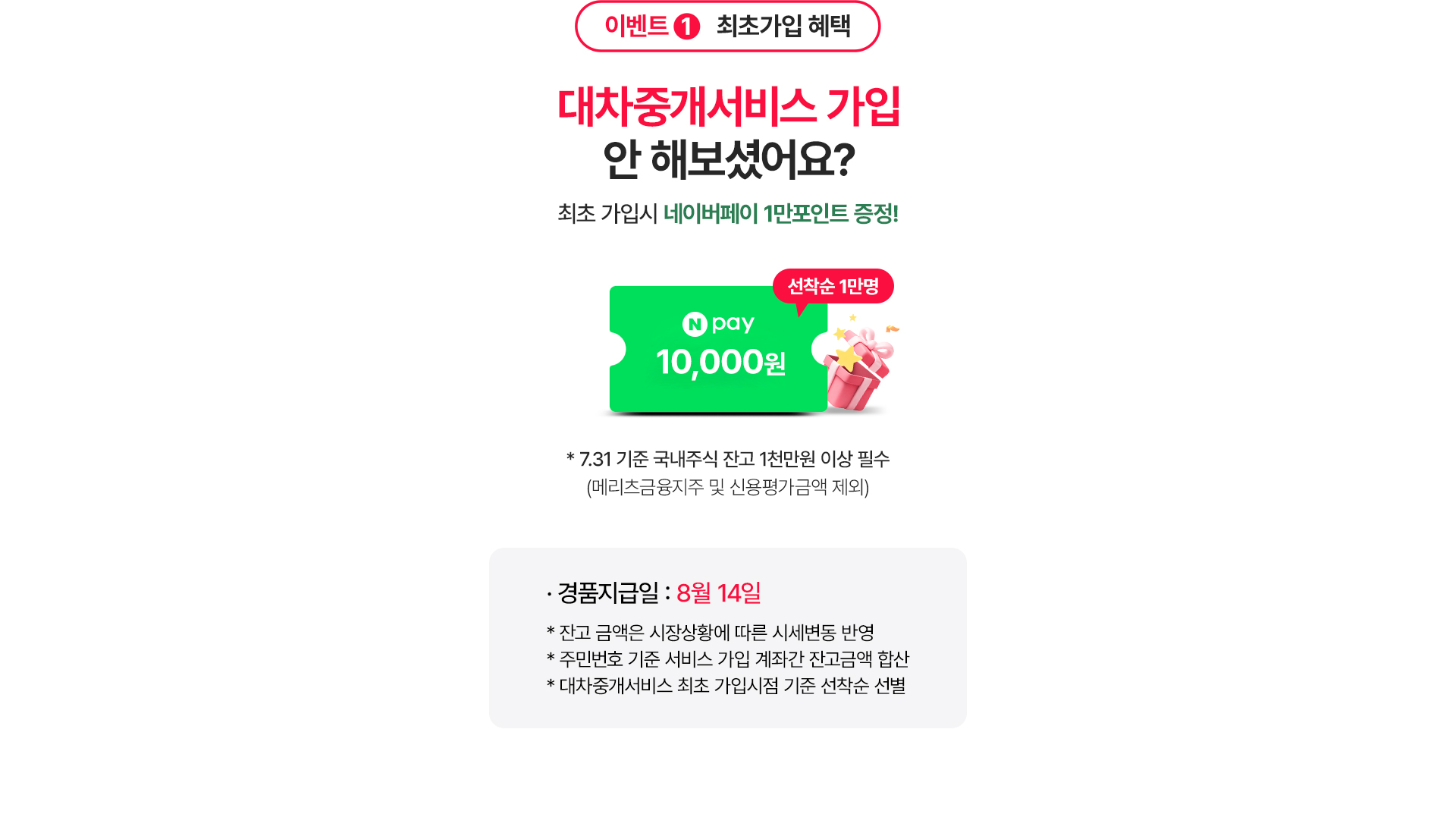 
              이벤트1. 최초가입 혜택
              대차중개서비스 가입 안 해보셨어요?
              최초 가입시 네이버페이 1만포인트 증정!
              * 7.31 기준 국내주식 잔고 1천만원 이상 필수(메리츠금융지주 및 신용평가 금액 제외)
              경품지급일 : 8월14일 
              * 잔고 금액은 시장상황에 따른 시세변동 반영 
              * 주민번호 기준 서비스 가입 계좌간 잔고금액 합산 
              * 대차중개서비스 최초 가입시점 기준 선착순 선별 
              