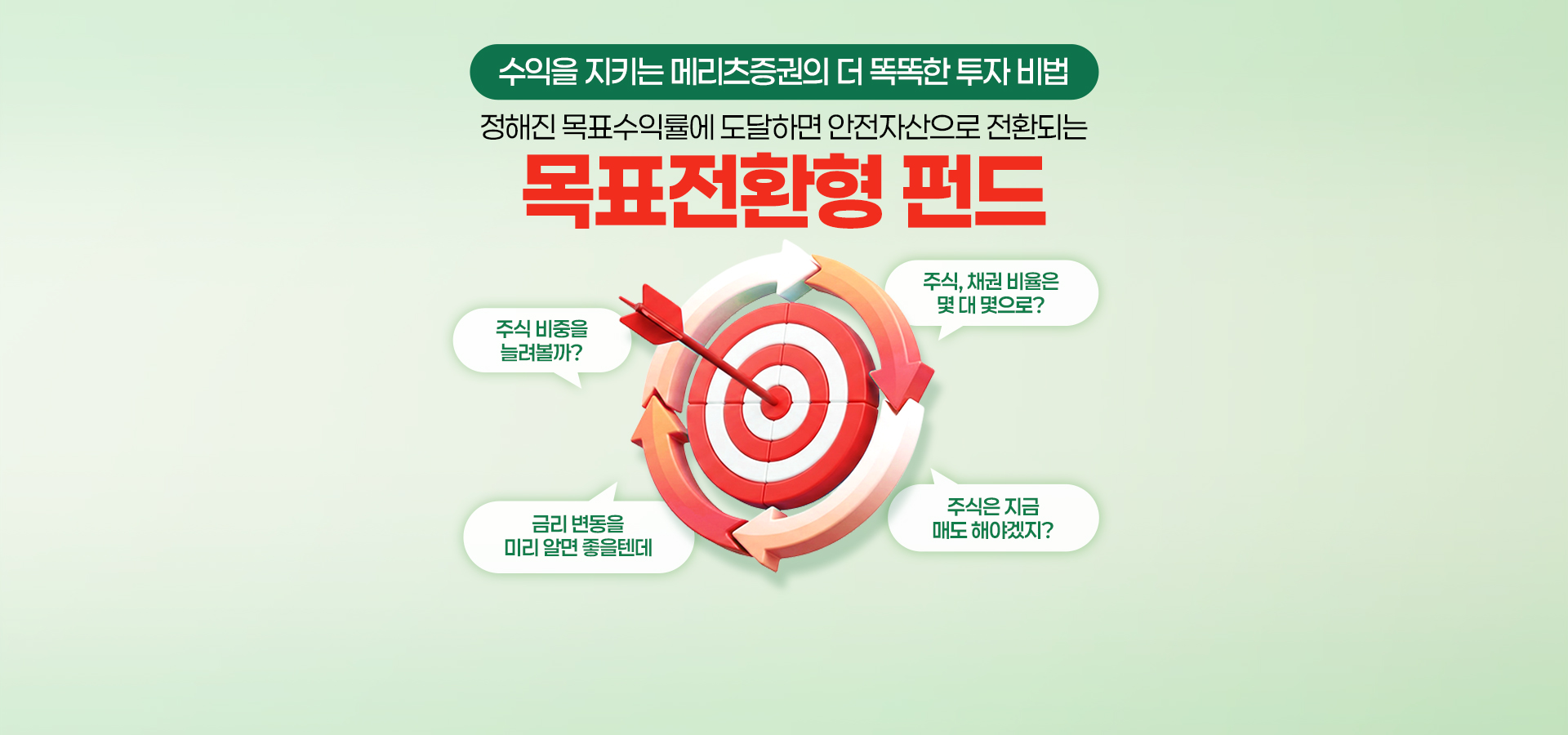 
            수익을 지키는 메리츠증권의 더 똑똑한 투자 비법
            정해진 목표수익률에 도달하면 안전자산으로 전환되는
            목표전환형 펀드
            